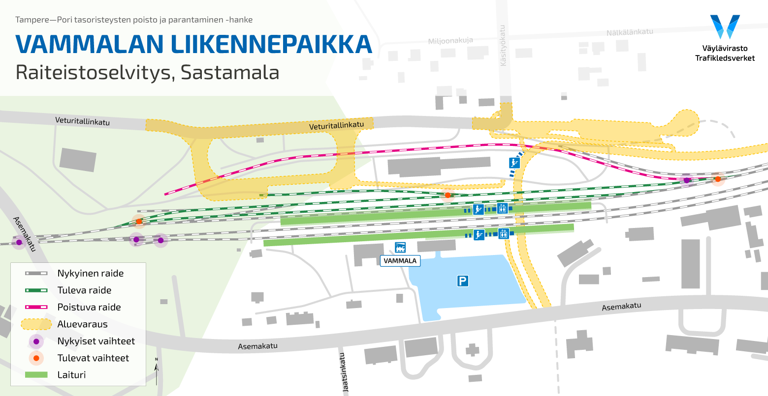 Vammalan liikennepaikan raiteistoselvitys kartalla.