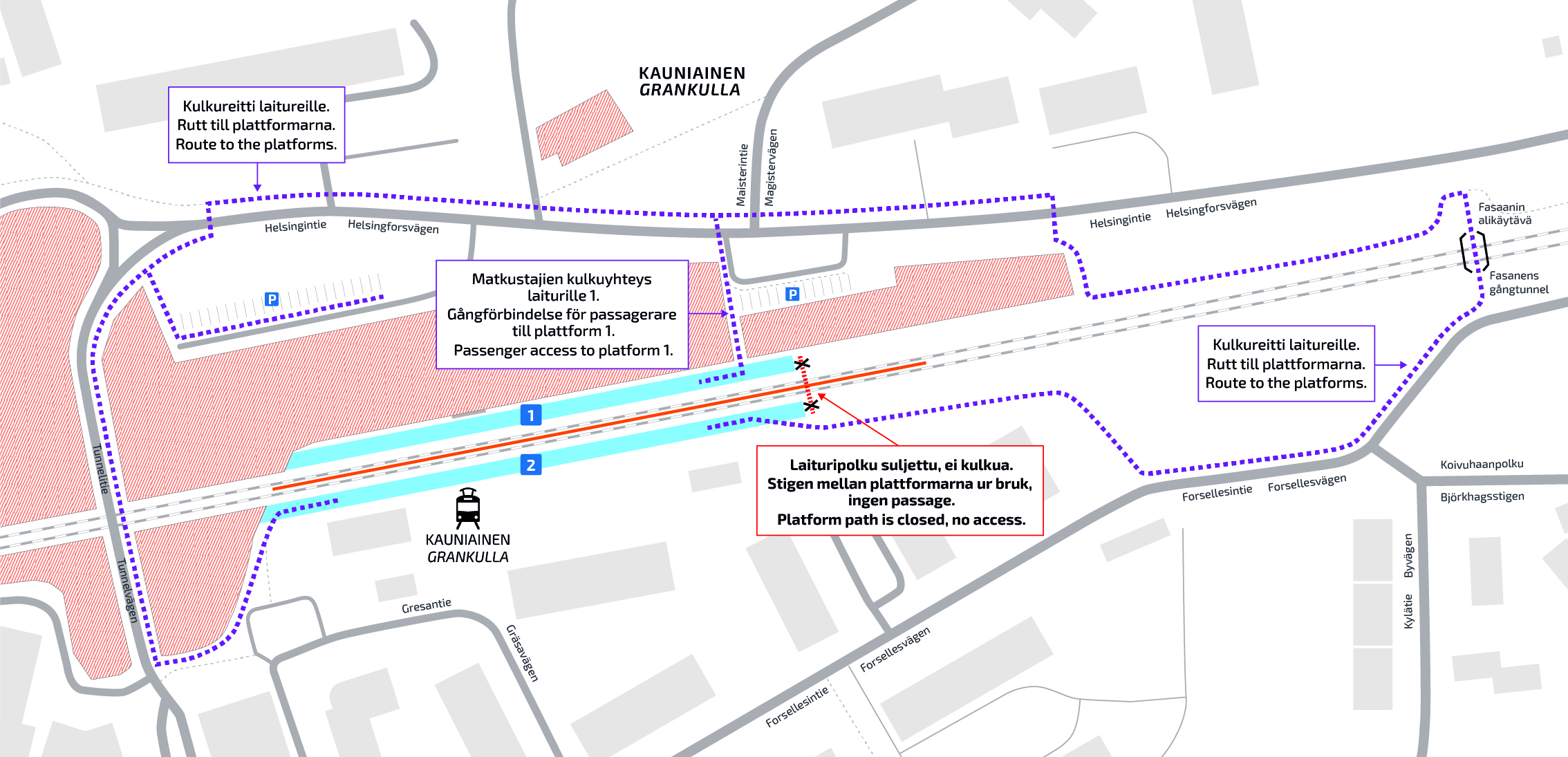 Kartassa maanantaista 9.12. alkaen voimassa olevat kulkureitit Kauniaisten aseman laitureille.