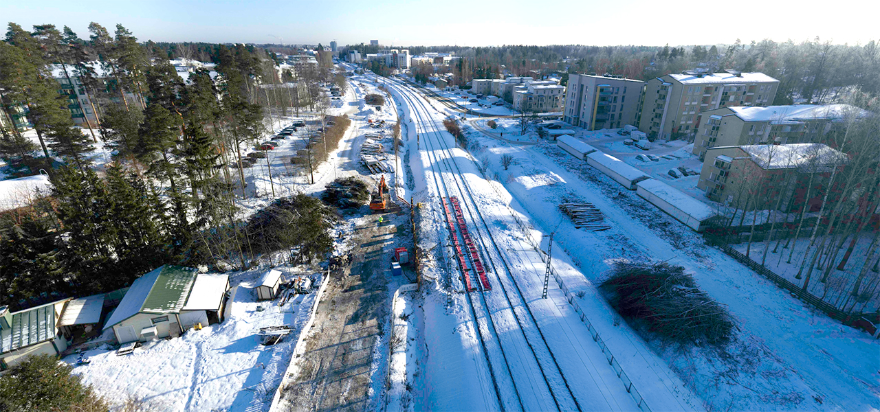 Espoon kaupunkirata -hankkeen töitä alueurakka 1:n alueella helmikuussa 2024.