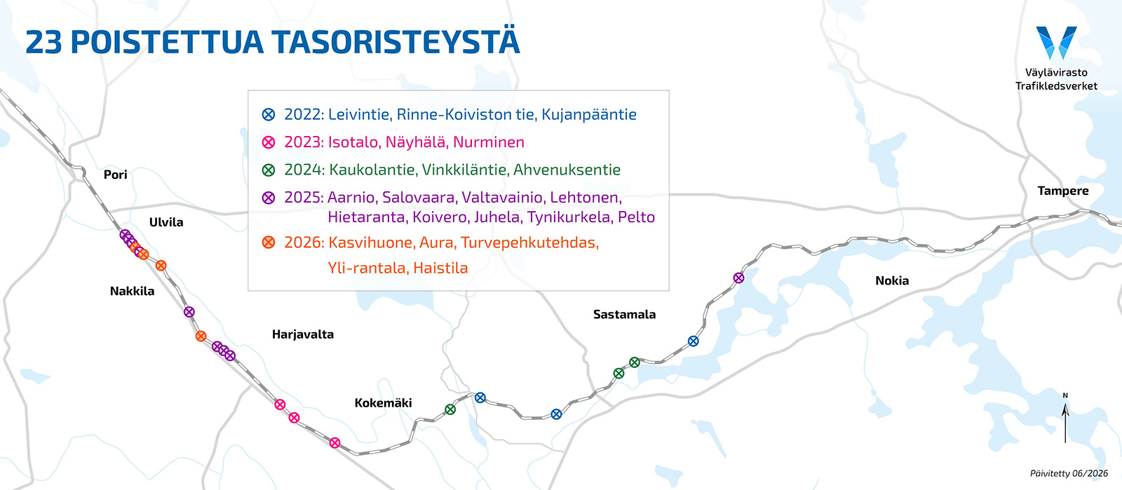 Karttakuva poistetuista kahdestakymmenestä tasoristeyksestä.
