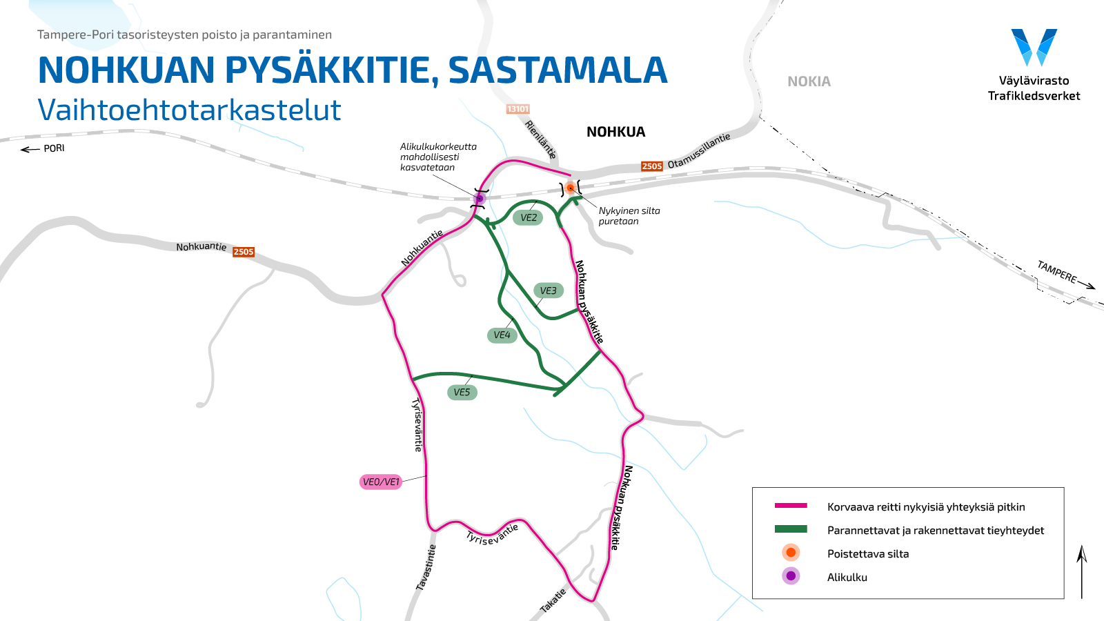 Kuvassa näkyy kartalla Nohkuan Pysäkkitien huonokuntoisen ylikulkusillan korvaavat reittivaihtoehdot, jossa ensimmäisessä vaihtoehdossa reitti kulkisi nykyistä tiestöä pitkin. Muihin vaihtoehtoihin sisältyy uusien teiden rakentamista tai nykyisten parantamista.