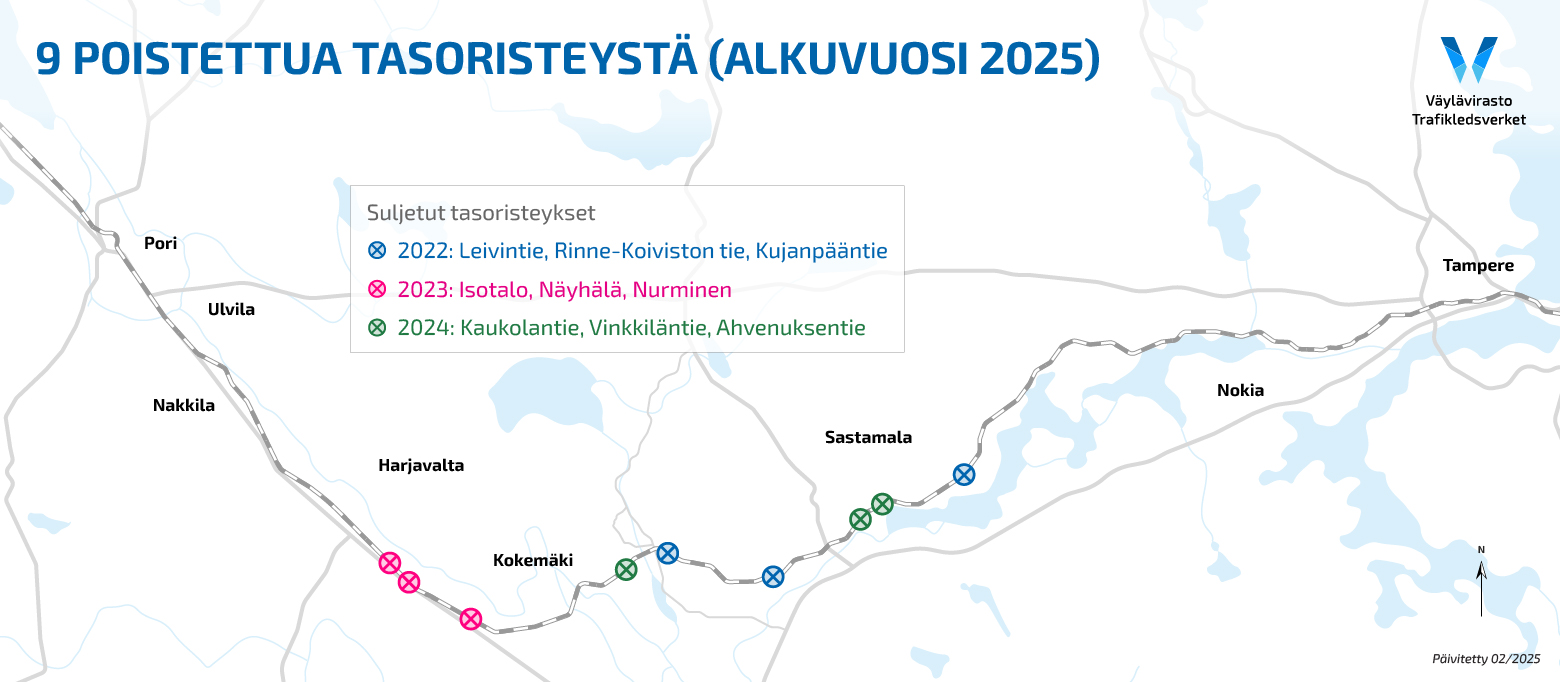 Karttakuva poistetuista 9 tasoristeyksestä.