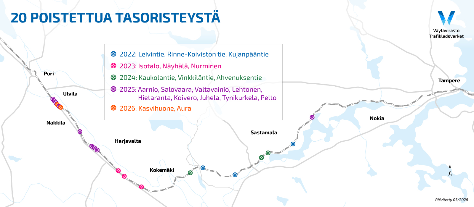 Karttakuva poistetuista kahdestakymmenestä tasoristeyksestä.