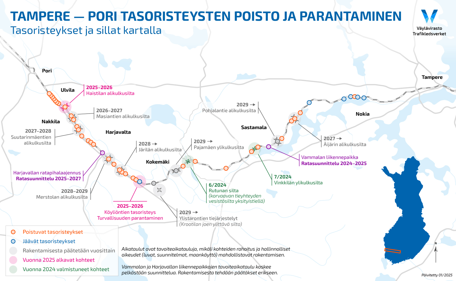 Tampere-Pori tasoristeysten poisto ja parantaminen -hankkeen kartta, jossa näkyy tasoristeysten sekä tulevien siltojen toimenpiteet.