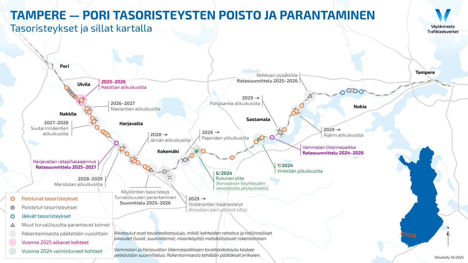 Tampere-Pori tasoristeysten poisto ja parantaminen -hankkeen kartta, jossa näkyy tasoristeysten sekä tulevien siltojen toimenpiteet.