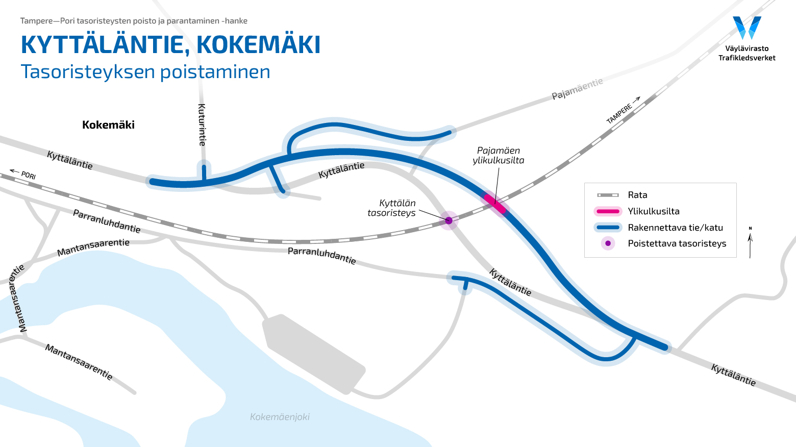 Kokemäen Kyttäläntien tasoristeyksen poistaminen karttakuvassa. Merkittynä Kyttälän tuleva tasoristeys sekä Pajamäen ylikulkusilta. 