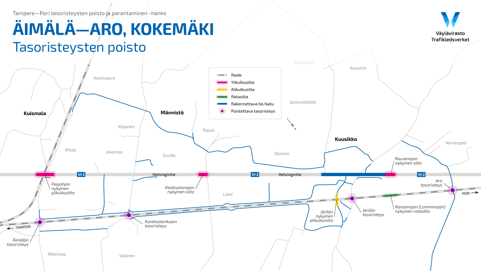 Karttakuva Äimälä–Aron rataosan tasoristeysten poistoa koskien.