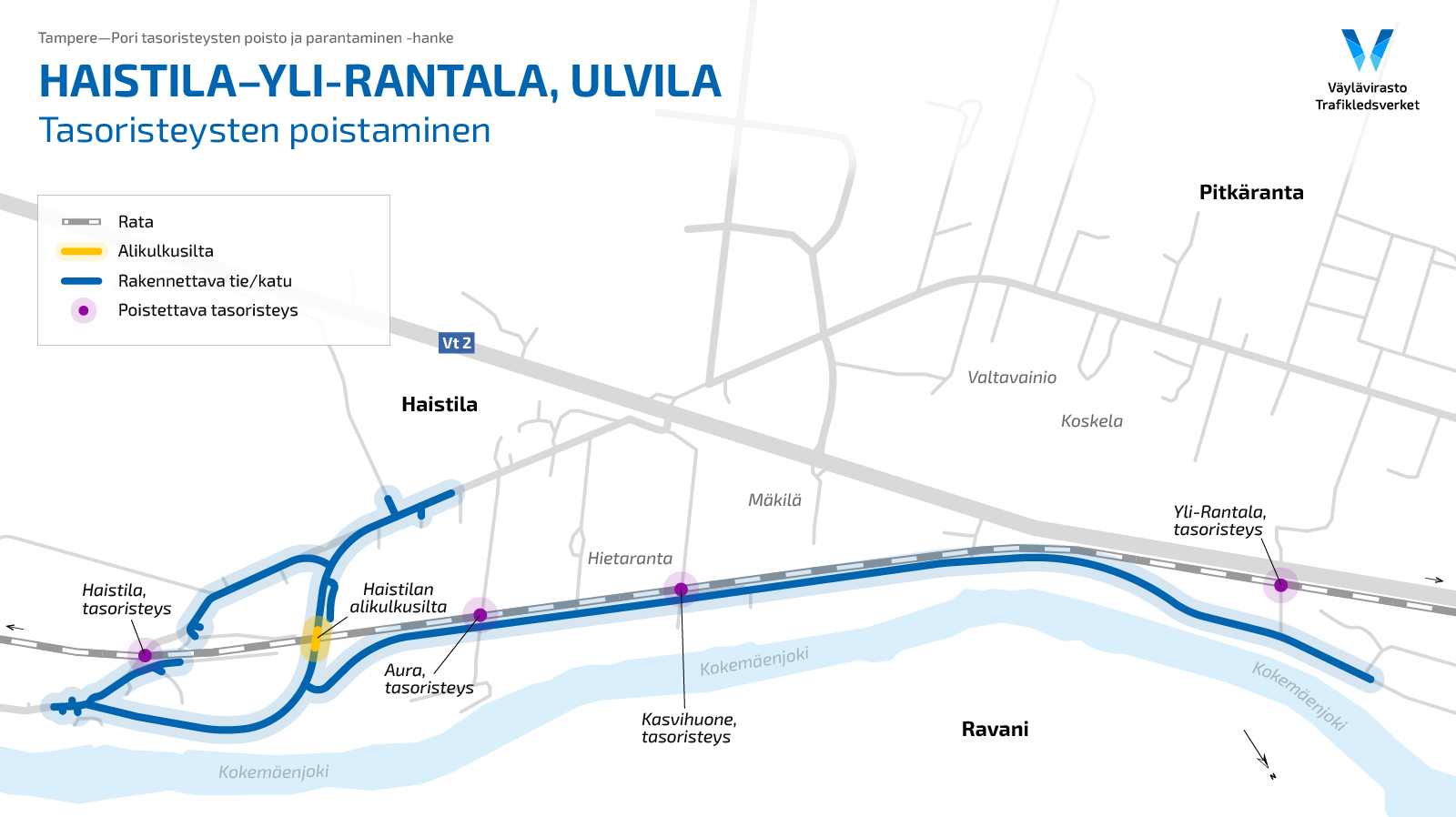 Karttakuva Haistilantien tasoristeysten poistamisesta Ulvilassa.