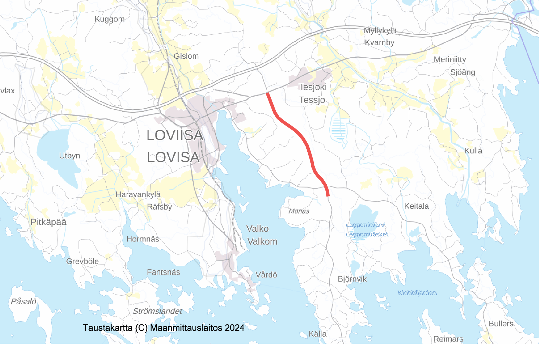 Kuvassa on esitetty suunnittelukohteen sijoittuminen Loviisan kaupungin alueelle kaupungin keskustan ja Loviisanlahden itäpuolelle. Suunnittelukohde rajautuu pohjoisessa maantiehen 170 ja etelässä Saaristotiehen. Maantie 1583 on pääreitti Loviisan ydinvoimalaitokselle.