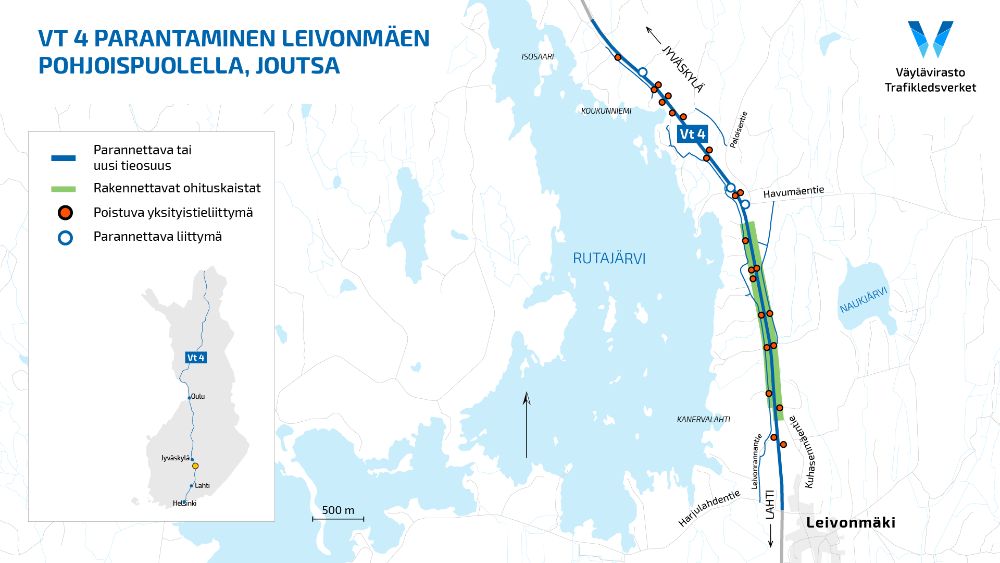 Karttakuva osoittaa hankealueen sijainnin sekä uudet ja poistuvat liittymät ja rakennettavat ohituskaistat.