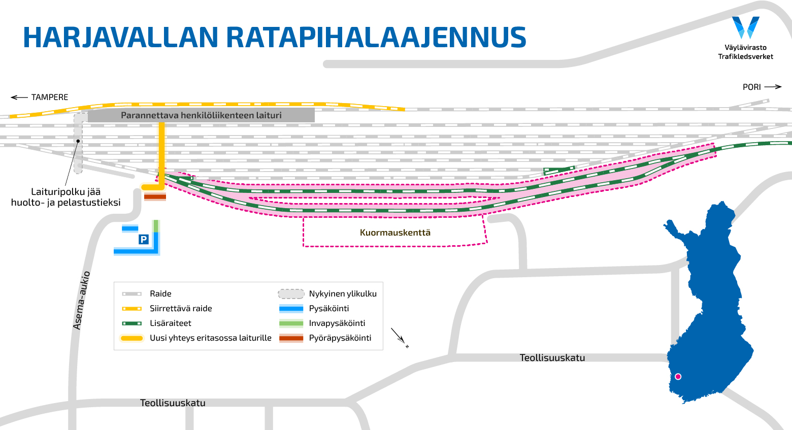 Karttakuva Harjavallan ratapihalaajennuksen suunnitelluista parannustoimista