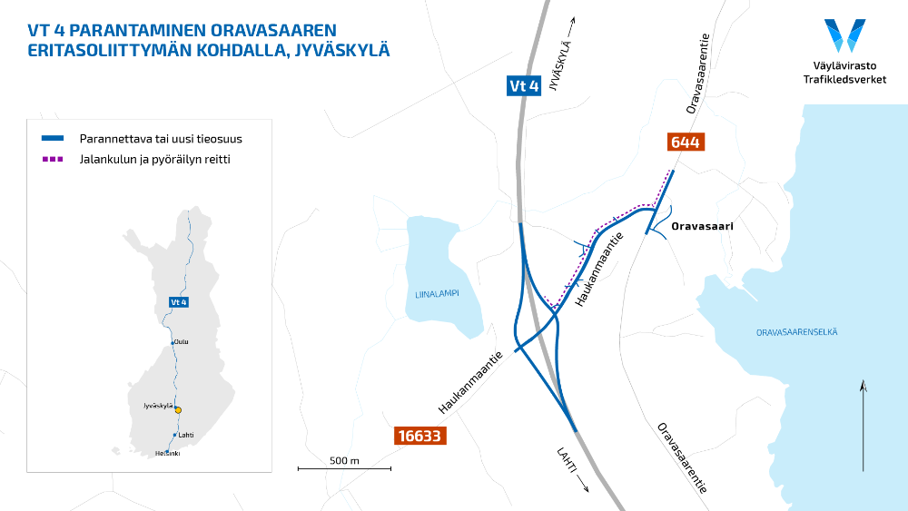 Karttakuva Oravasaaren eritasoliittymän kohdasta valtatiellä 4.