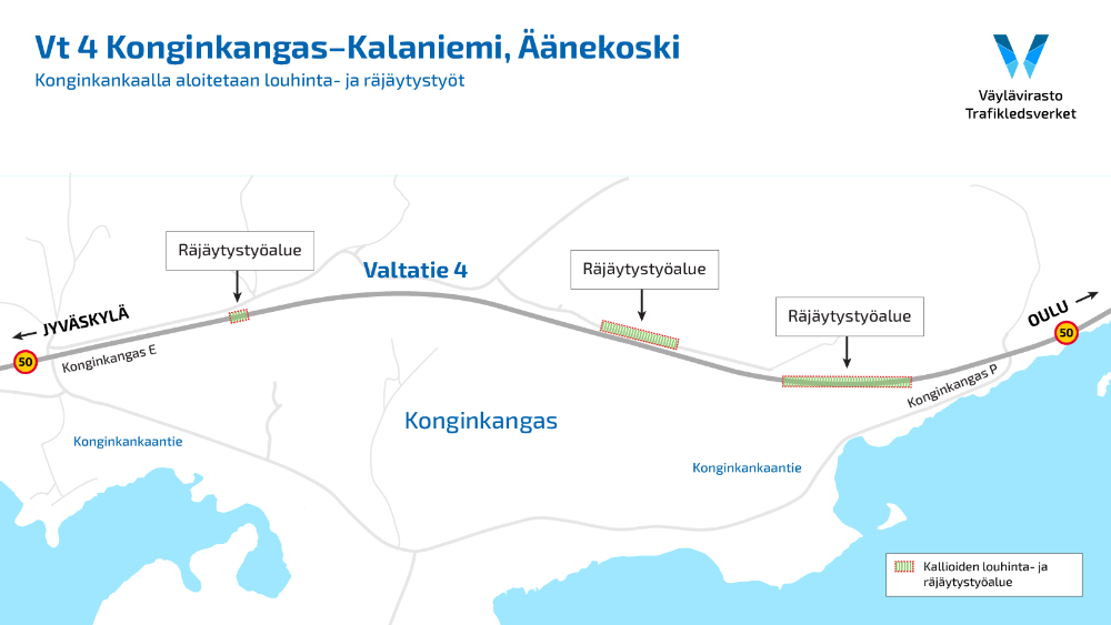 Kartta, johon on merkitty räjätys- ja louhintatöiden alueet valtiellä 4 Konginkankaan eteläisen ja pohjoisen liittymän välissä Äänekoskella.