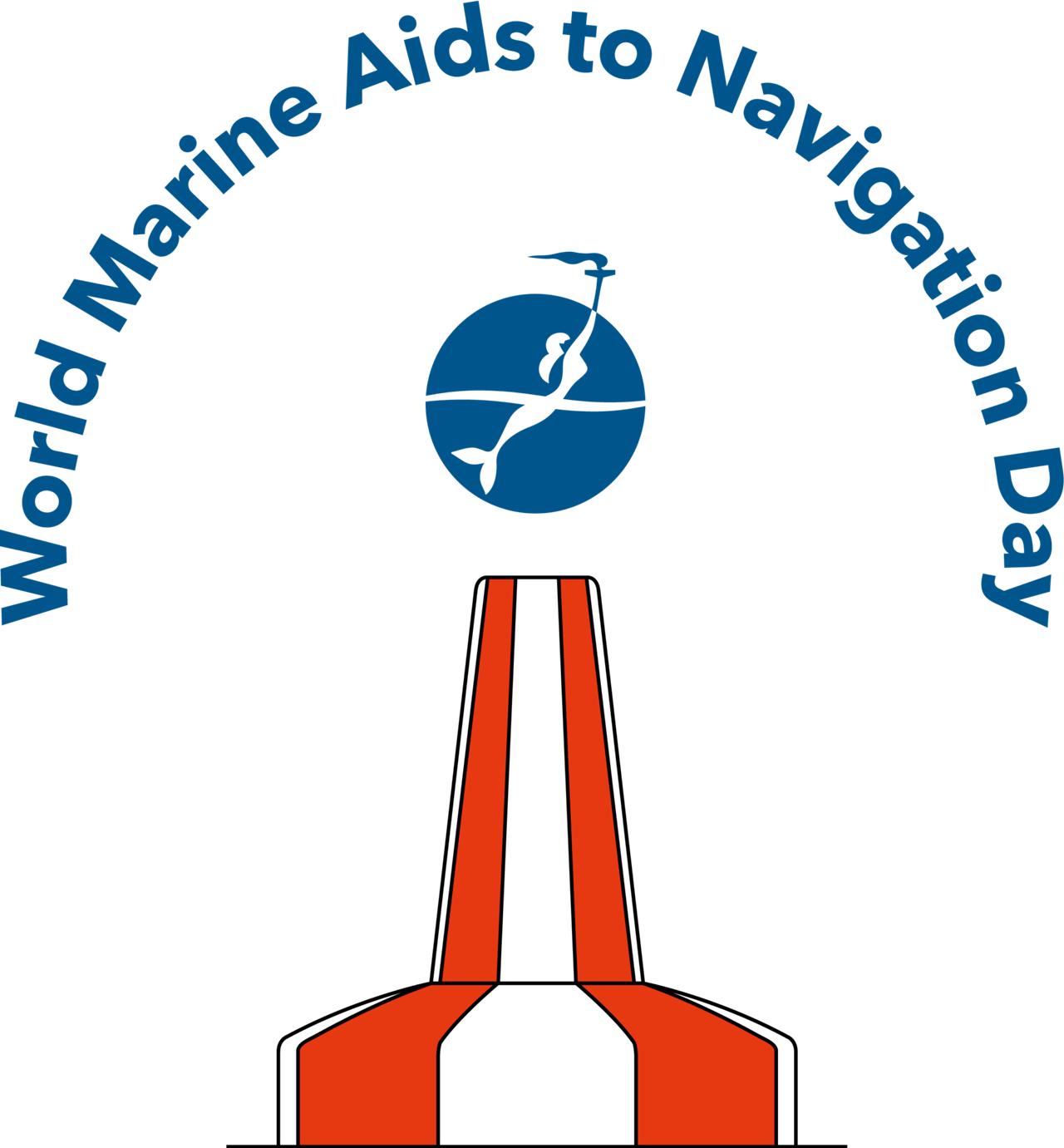 IALA WATON logo: Logossa valkopunaraidallinen majakka, jonka yläpuolella on merenneito kantamassa soihtua.