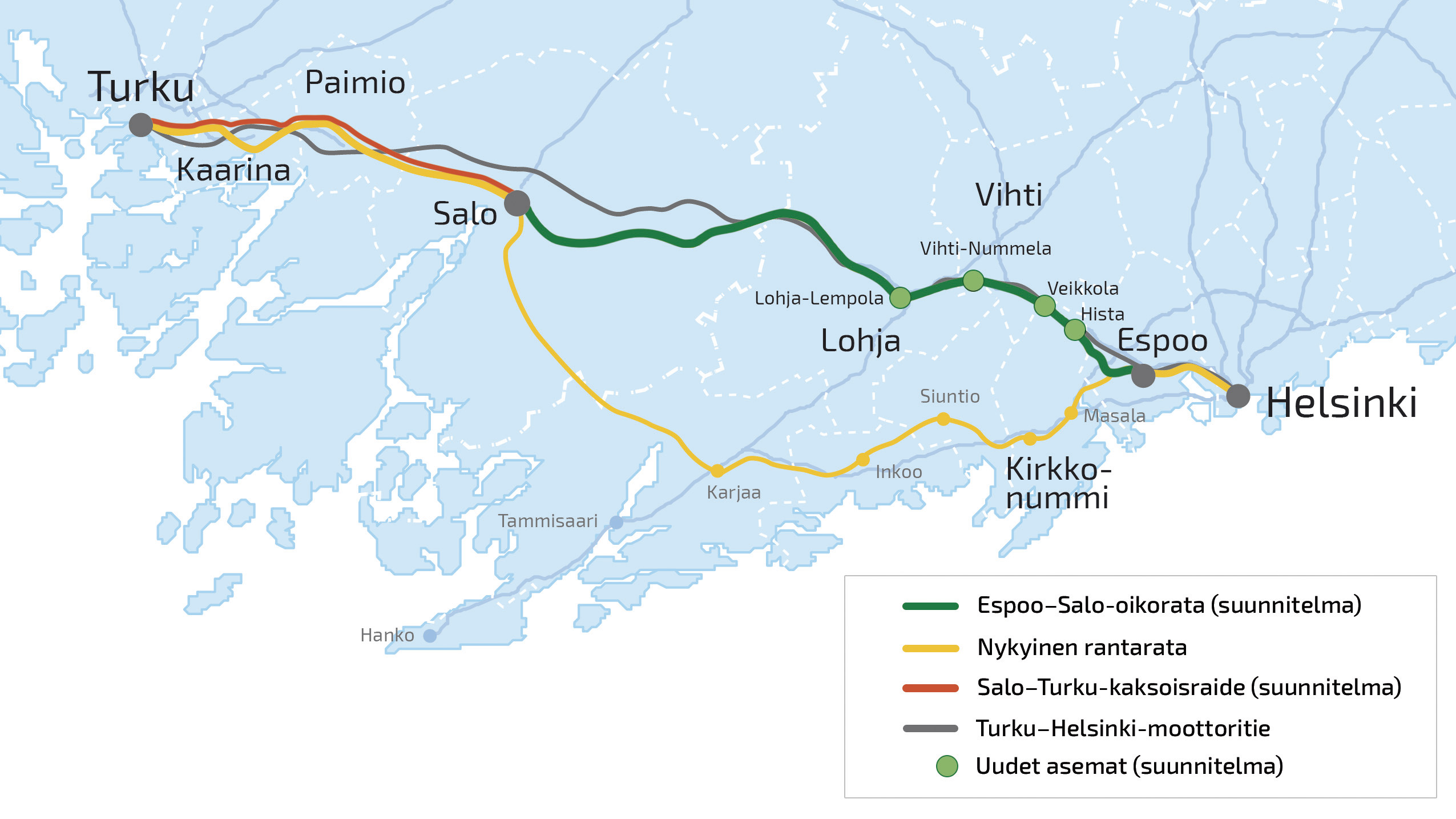 Karttakuva suunnitellusta Espoo-Salo-oikoradasta.