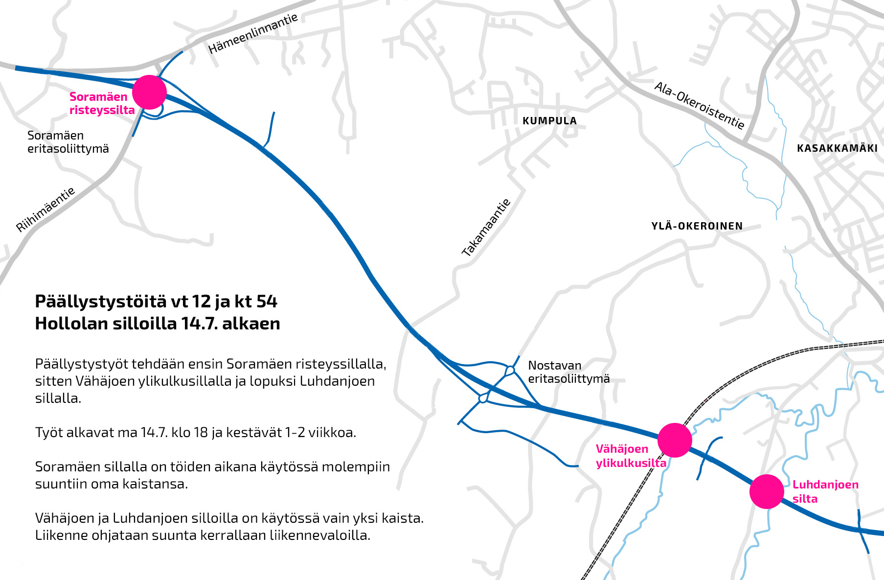 Kartta päällystystöistä vt 12 ja kt 54 silloilla Hollolassa.