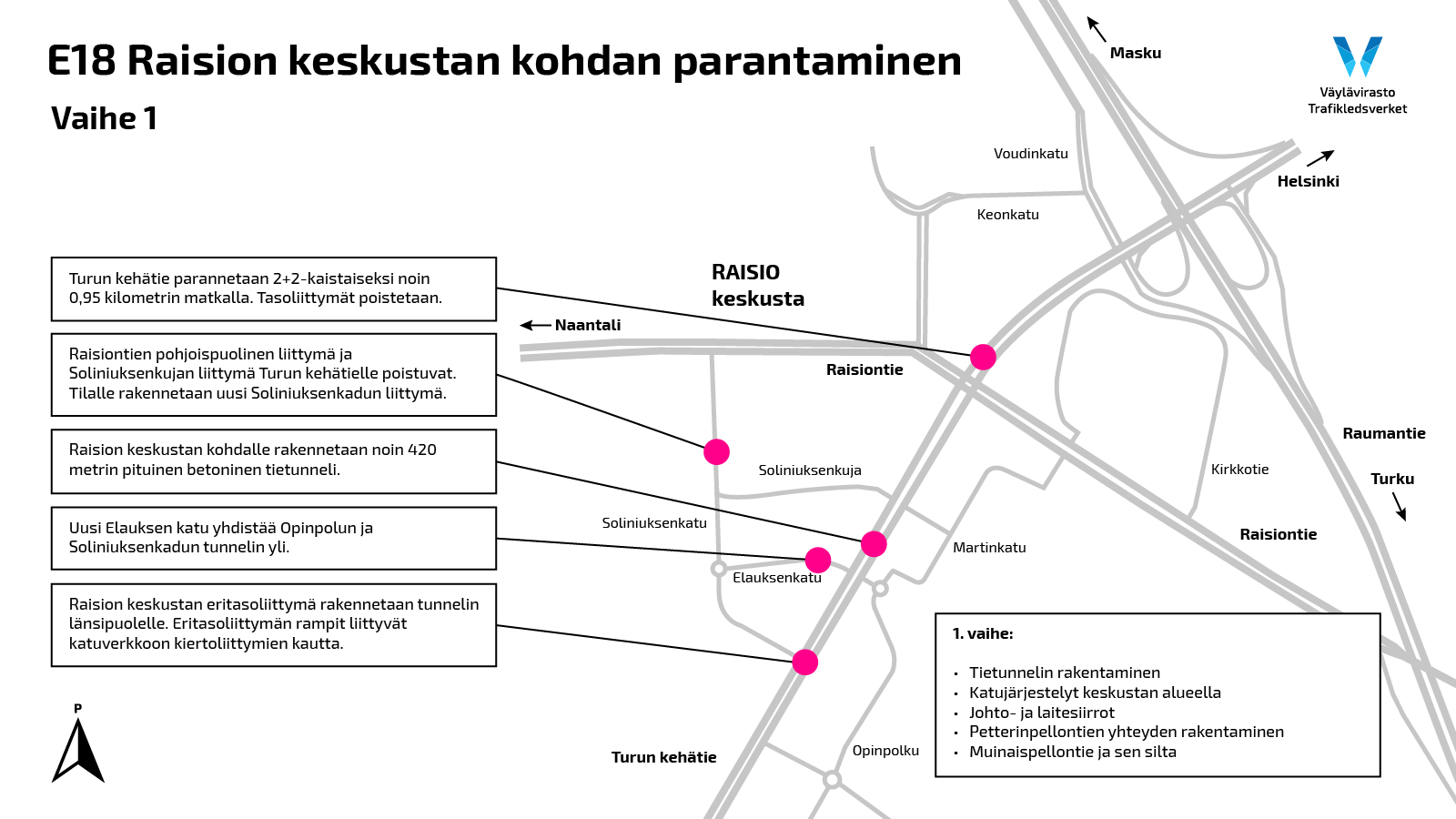 E18 Raision keskustan kohta -hankkeen ensimmäisessä vaiheessa toteutetaan keskustan tietunneli sekä katujärjestelyitä.