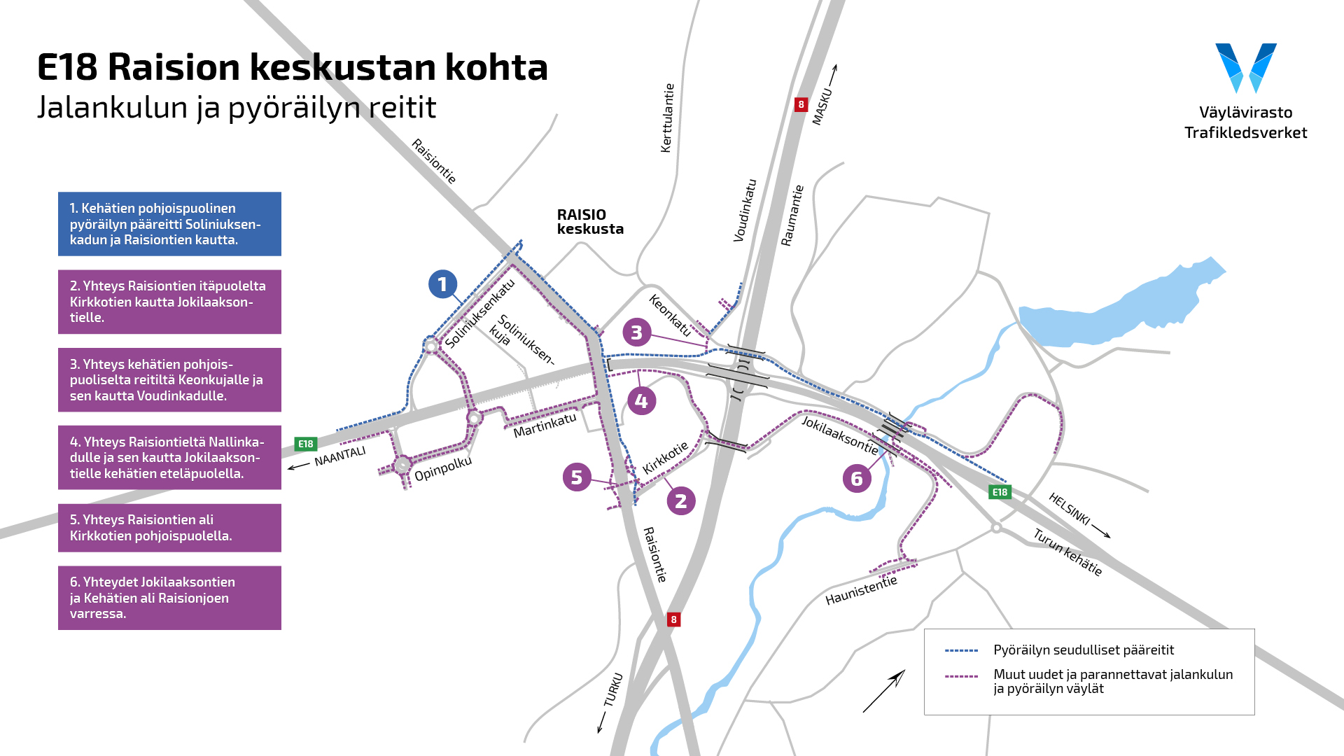E18 Raision keskustan kohta -hankkeessa rakennettavat ja parannettavat jalankulun ja pyöräilyn väylät kartalla. Kehätien pohjoispuolella pyöräilyn pääreitti kulkee Soliniuksenkadun, Raisiontien ja Raision eritasoliittymän kautta itään. Raisiontieltä ja Kirkkotieltä rakennetaan yhteys Raumantien yli Jokilaaksontielle. Raisionjoen virkistysreitti saa uusia alikulkuyhteyksiä.