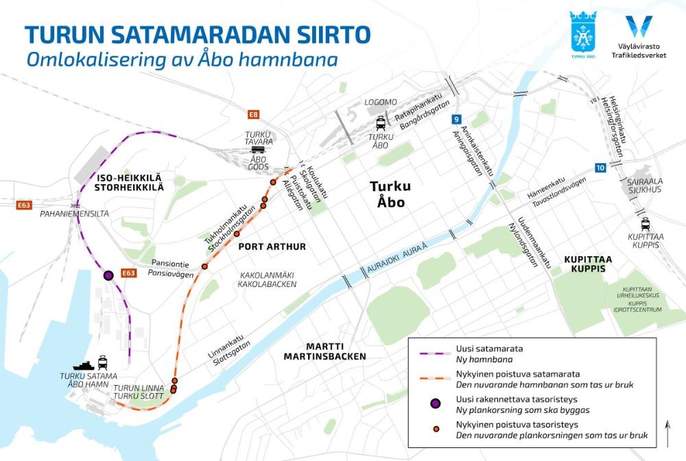 Kartta, joka näyttää Turun satamaradan siirron reitit ja sijainnit. Uusi rata merkitty violetilla katkoviivalla ja poistuva rata oranssilla katkoviivalla. Mukana tärkeimmät asemat, kuten Kupittaa ja Turku Satama.