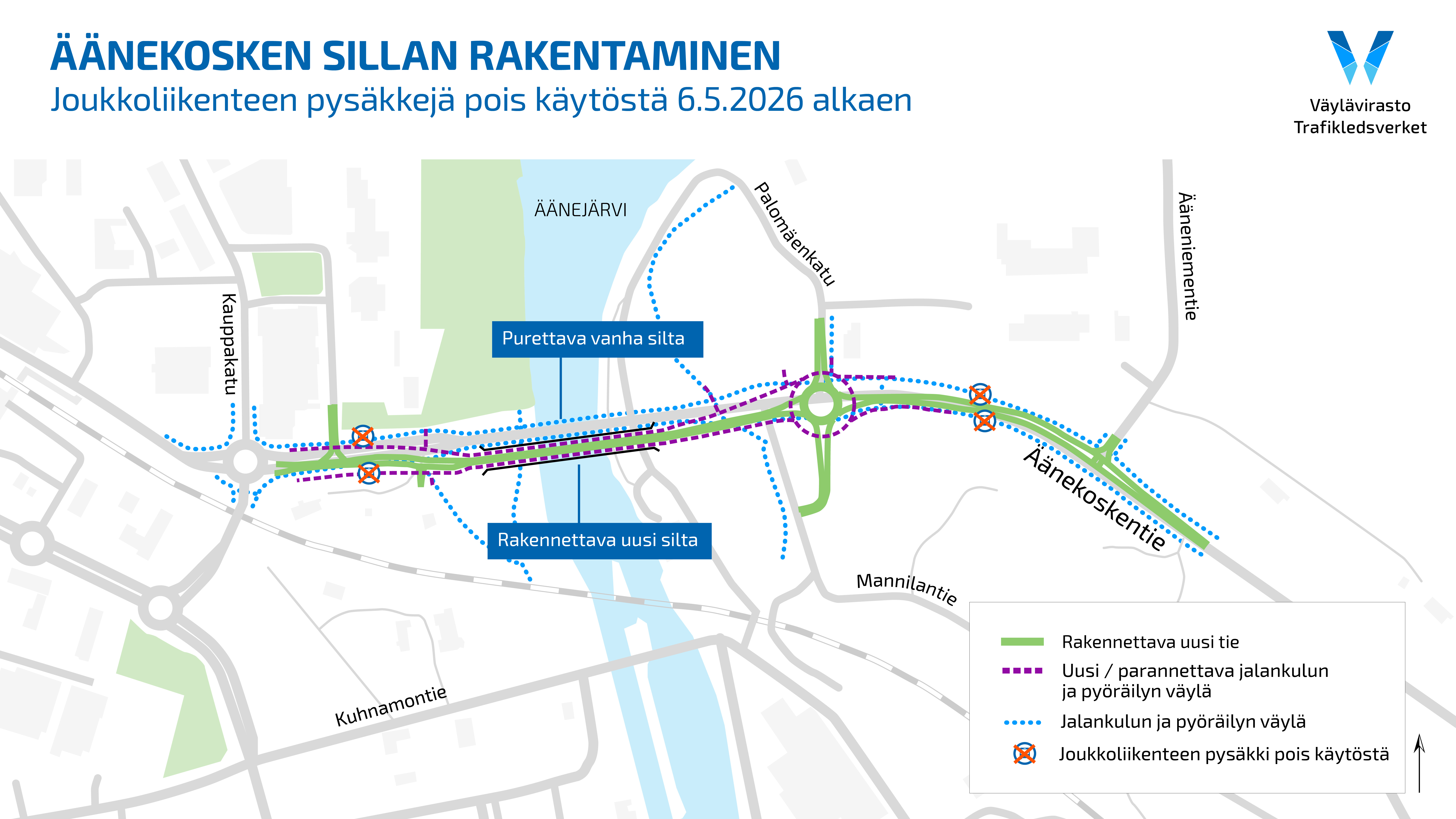 Karttakuva, jossa näkyy Äänekosken sillan vanha sijainti, uuden sillan sijainti vanhan sillan eteläpuolella ja käytöstä poistuvat neljä linja-autopysäkkiä.