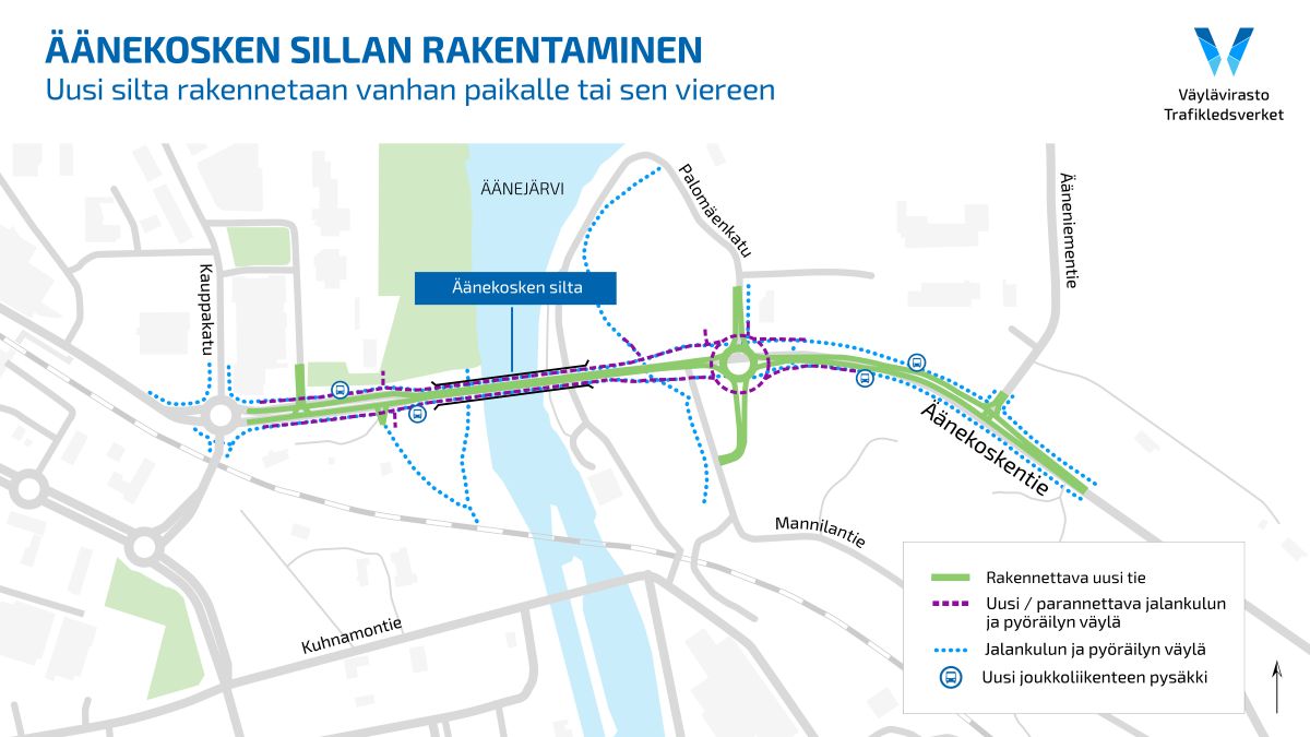 Karttakuva Äänekosken sillan rakennushankkeesta, jossa näkyvät uusi tie, uudet ja parannettavat jalankulku- ja pyöräväylät sekä joukkoliikenteen pysäkit sillan ympäristössä.