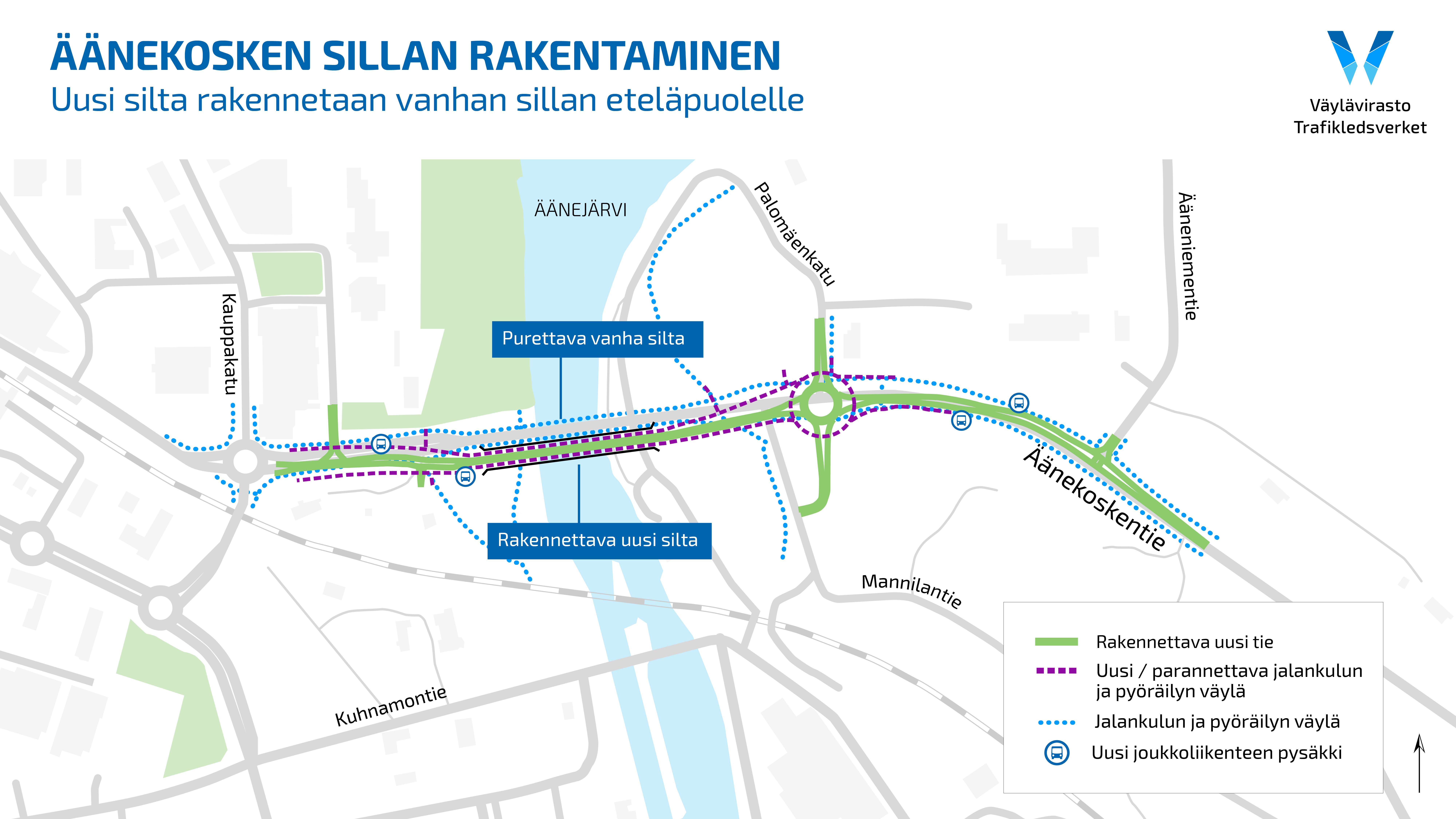 Karttakuva Äänekosken sillan rakennushankkeesta, jossa näkyvät uusi tie, uudet ja parannettavat jalankulku- ja pyöräväylät sekä joukkoliikenteen pysäkit sillan ympäristössä.