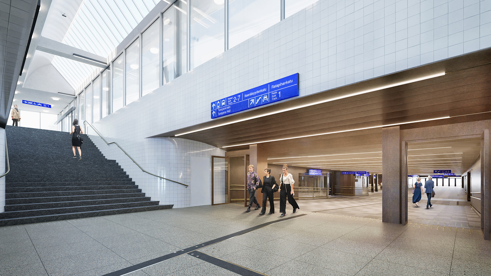 3D picture of the Itsenäisyydenkatu underpass, seen from west to east. The station tunnel and the tunnel of Itsenäisyydenkatu are connected to form a passenger terminal.
