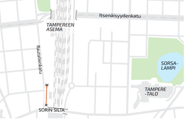 Graafinen kartta rautatieasema-alueesta, johon on punaisella merkitty Rautatienkadun kohta, jossa jalankulkuväylä on suljettu töiden ajaksi. 