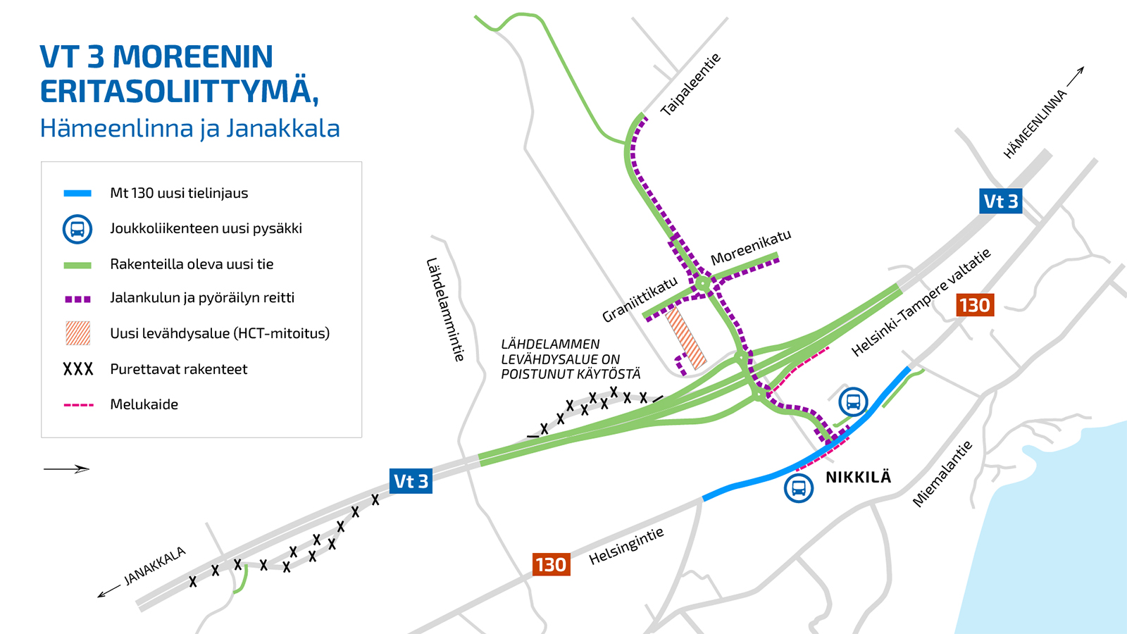 Kartta. Hankkeessa rakennetaan valtatielle 3 uusi eritasoliittymä. Hankkeen yhteydessä päätien varrella olevia levähdysalueita puretaan ja alueelle rakennetaan uusi HCT-ajoneuvoille mitoitettu levähdysalue.