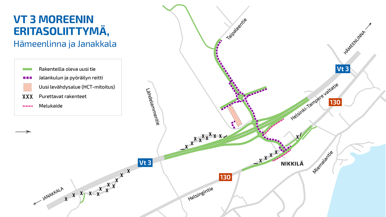 Kartta. Hankkeessa rakennetaan valtatielle 3 uusi eritasoliittymä. Hankkeen yhteydessä päätien varrella olevia levähdysalueita puretaan ja alueelle rakennetaan uusi HCT-ajoneuvoille mitoitettu levähdysalue.