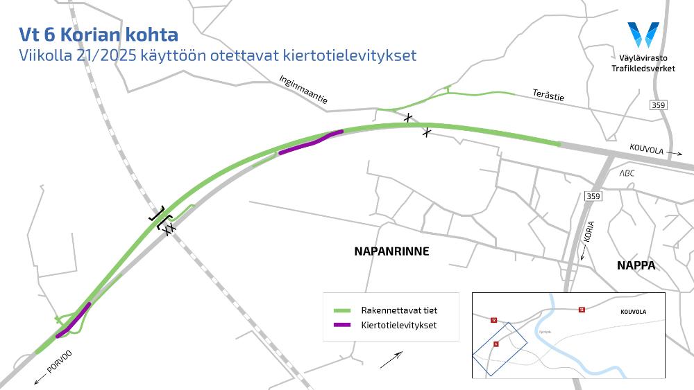 Kuutostiellä Korian ylikulkusillan molemmin puolin otetaan käyttöön kiertotielevitykset viikon 21 alussa.