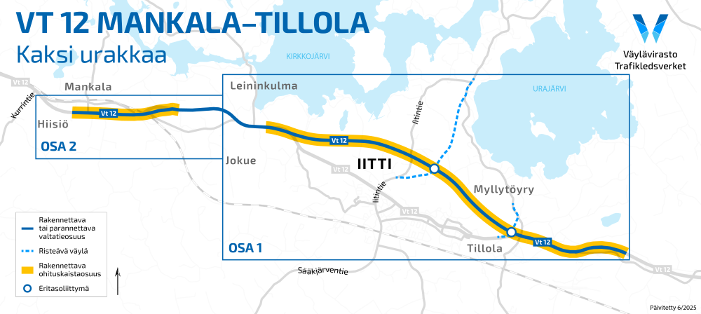 Karttakuva hankealueesta. Hanke tehdään kahdessa vaiheessa: Jokue-Tillola ja Mankala-Jokue.