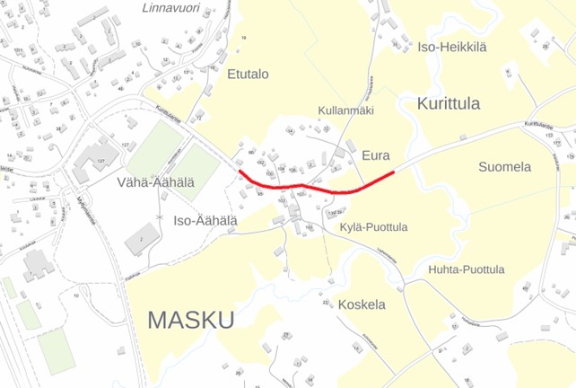 Kuvassa on kartta, johon on osoitettu Maskuun sijoittuvan kylätien osuus. Kylätie sijoittuu Kurittulan kylään maantielle 12409.