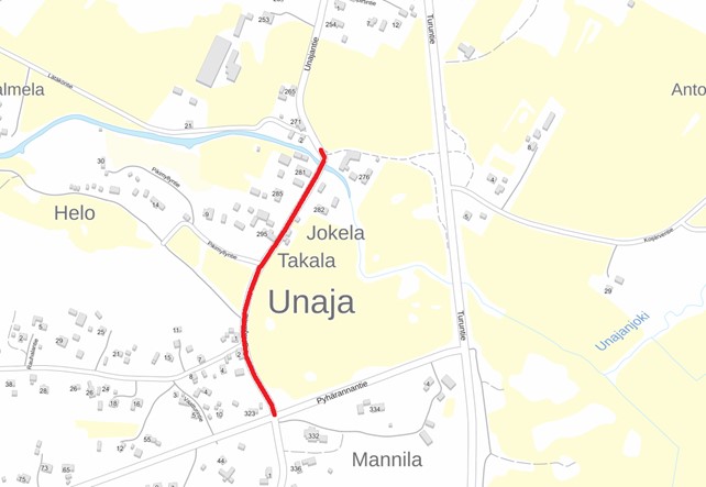Kuvassa on kartta, johon on osoitettu Raumalle sijoittuvan kylätien osuus. Kylätie sijoittuu Unajan kylään maantielle 12641.