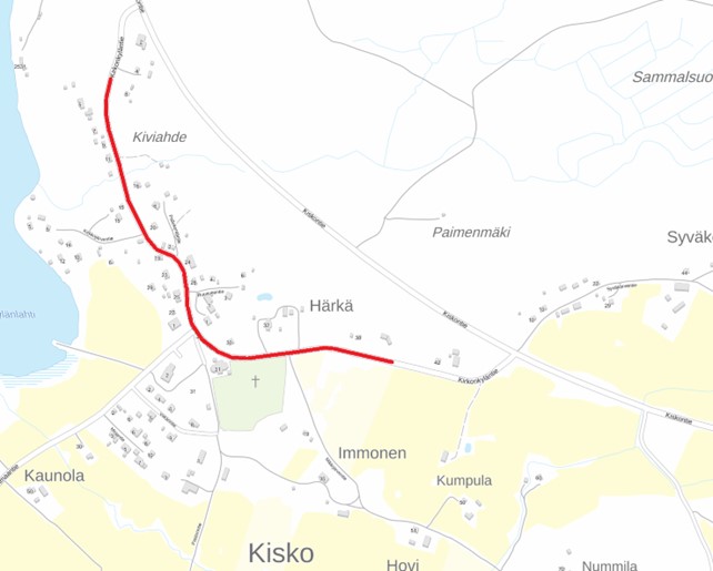 Kuvassa on kartta, johon on osoitettu Saloon sijoittuvan kylätien osuus. Kylätie sijoittuu Kiskon kylään maantielle 12124.