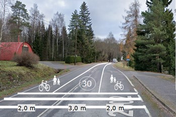 Kuvassa on esitetty tiestä otettua valokuvaa hyödyntäen, kuinka suuri osa nykyisestä tiestä jää pääosin autoilijoille (leveydestä 3,0 metriä) ja kuinka paljon jalankulkijoille ja pyöräilijöille (leveydestä 2,0 metriä kummallekin puolen tietä), sekä se, miten nämä eri käyttömuodot merkitään teille (merkinnät jalankulkijoille ja pyöräilijöille sekä merkinnät autoilijoille nopeusmerkinnöin sekä reunaviivat).