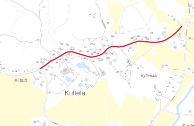Kuvassa on kartta, johon on osoitettu Somerolle sijoittuvan kylätien osuus. Kylätie sijoittuu Kultelon kylään maantielle 2802.