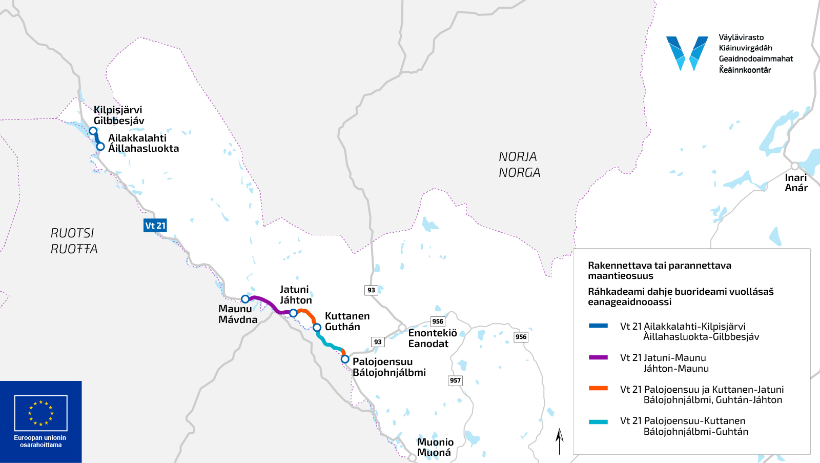 Karttakuva hankealueista Suomen ja Pohjoissaamen kielillä.