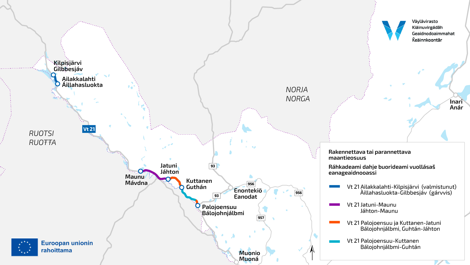 Karttakuva hankealueista Suomen ja Pohjoissaamen kielillä.