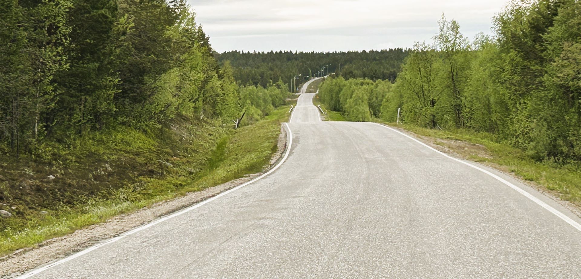 Kuva Valtatieltä 12 Palojoensuun ja Kuttasen väliltä Enontekiöllä. Kuvan keskellä maantie, jossa runsaasti korkeusvaihtelua, metsää reunoilla.