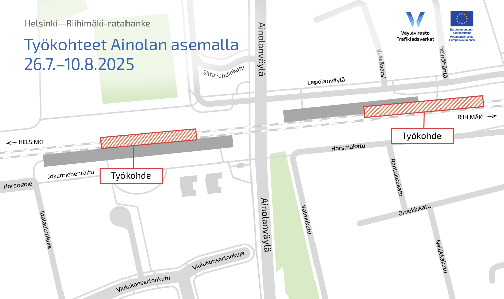 Ainolan asemalla töitä tehdään vanhalla laiturilla sekä uuden laiturin välittömässä läheisyydessä.