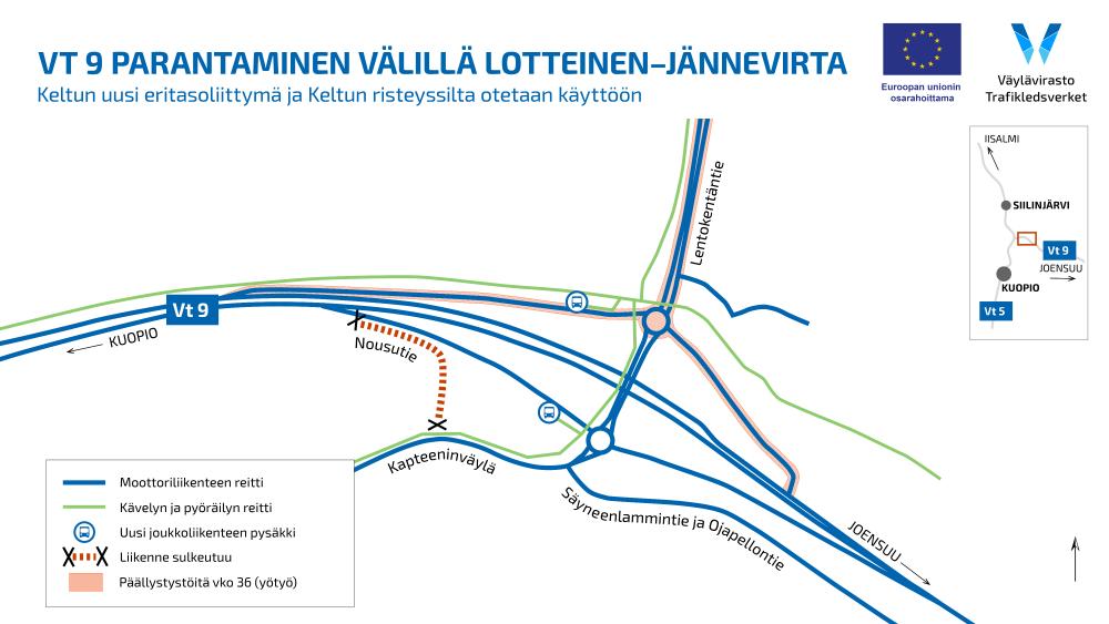 Karttakuva Valtatie 9:n parantamisesta välillä Lotteinen–Jännevirta. Kuvassa näkyy Keltun uusi eritasoliittymä, Keltun risteyssilta, uudet linja-autopysäkit, jalankulun ja pyöräilyn reitit sekä tulevat liikennejärjestelymuutokset. Nousutie suljetaan ja liikenne siirtyy käyttämään uusia ramppiyhteyksiä. Päällystystöitä tehdään viikolla 36, erityisesti yöllä. Kartassa korostettu myös pyöräilyn ja jalankulun väylä, joka kulkee Keltun risteyssillan alta Lentokentäntielle. Lisäksi esitetty ajoneuvoliikenteen reitit ja linja-autopysäkit uusilla rampeilla.