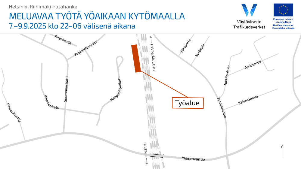 Karttakuvassa työalue radanvarrella Kytömaan kohdalla.