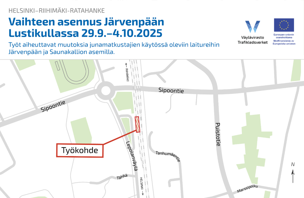Työalue sijaitsee Järvenpään Lustikullassa rata-alueella. Työalue sijoittuu Sipoontien ja Lepolanväylän risteyksen läheisyyteen. Radan länsipuolella työaluetta lähinnä oleva tie on Lepolanväylä, itäpuolella Sipoontie sekä Tanhumäentie.