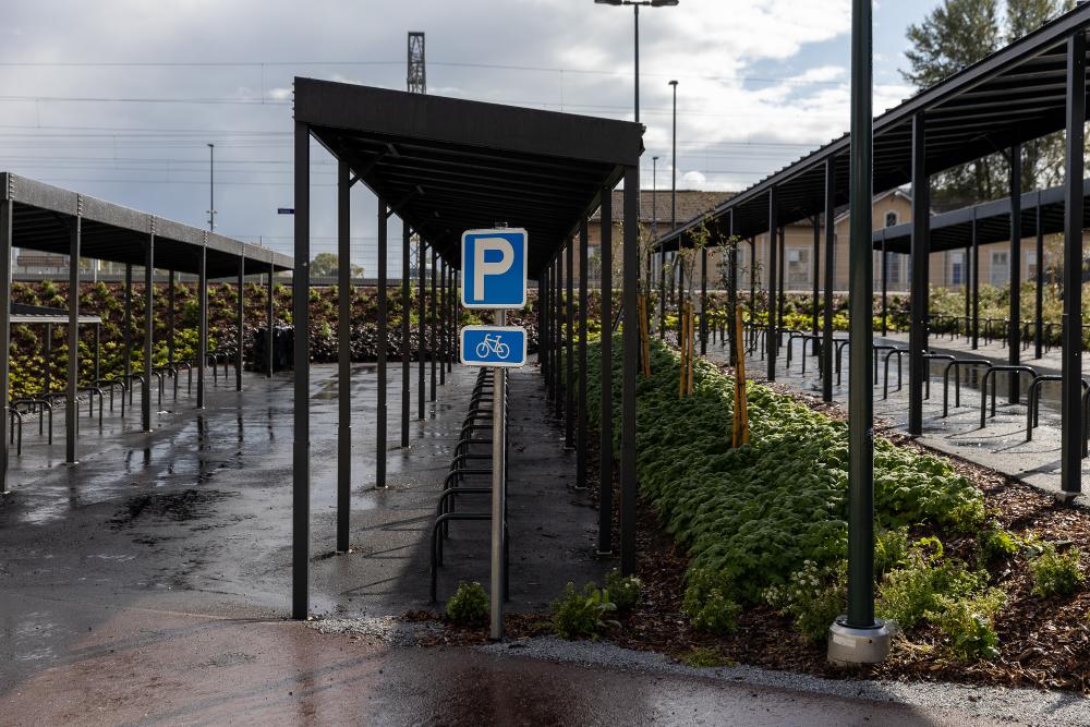 Kuvassa Nokian ratapihan polkupyöräpysäköinnit sateisessa maisemassa.
