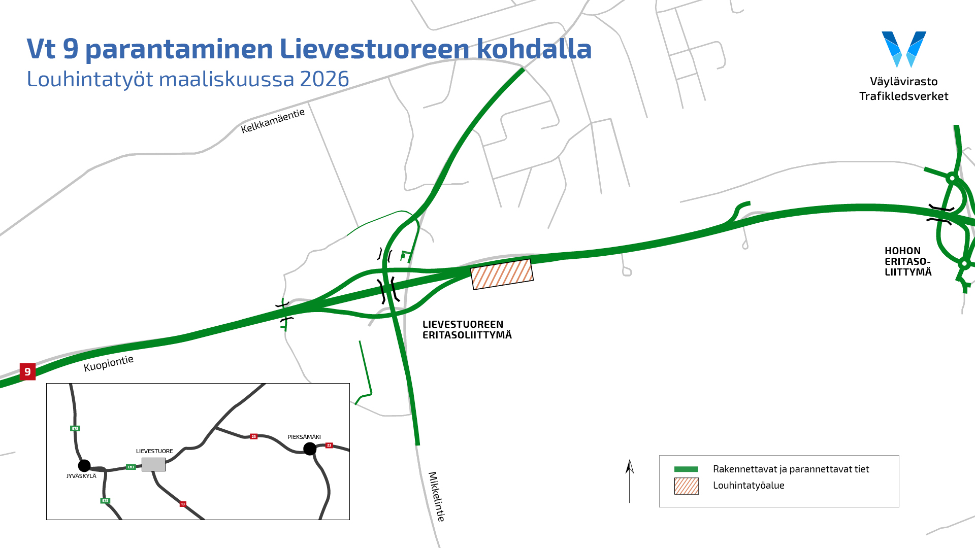 Valtatien 9 parantamishankkeessa Lievestuoreella teiden 9 ja 13 risteysalueen itäpuolella tehdään louhintatöitä maaliskuussa 2026.