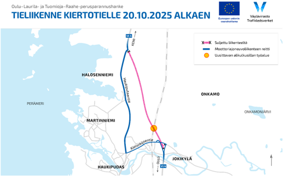 Valtatie 4 on suljettu Kiiminkijoentien liittymän ja Haukiputaantien risteyksen välillä. Kiertoreitti kulkee Haukiputaantien välillä.
