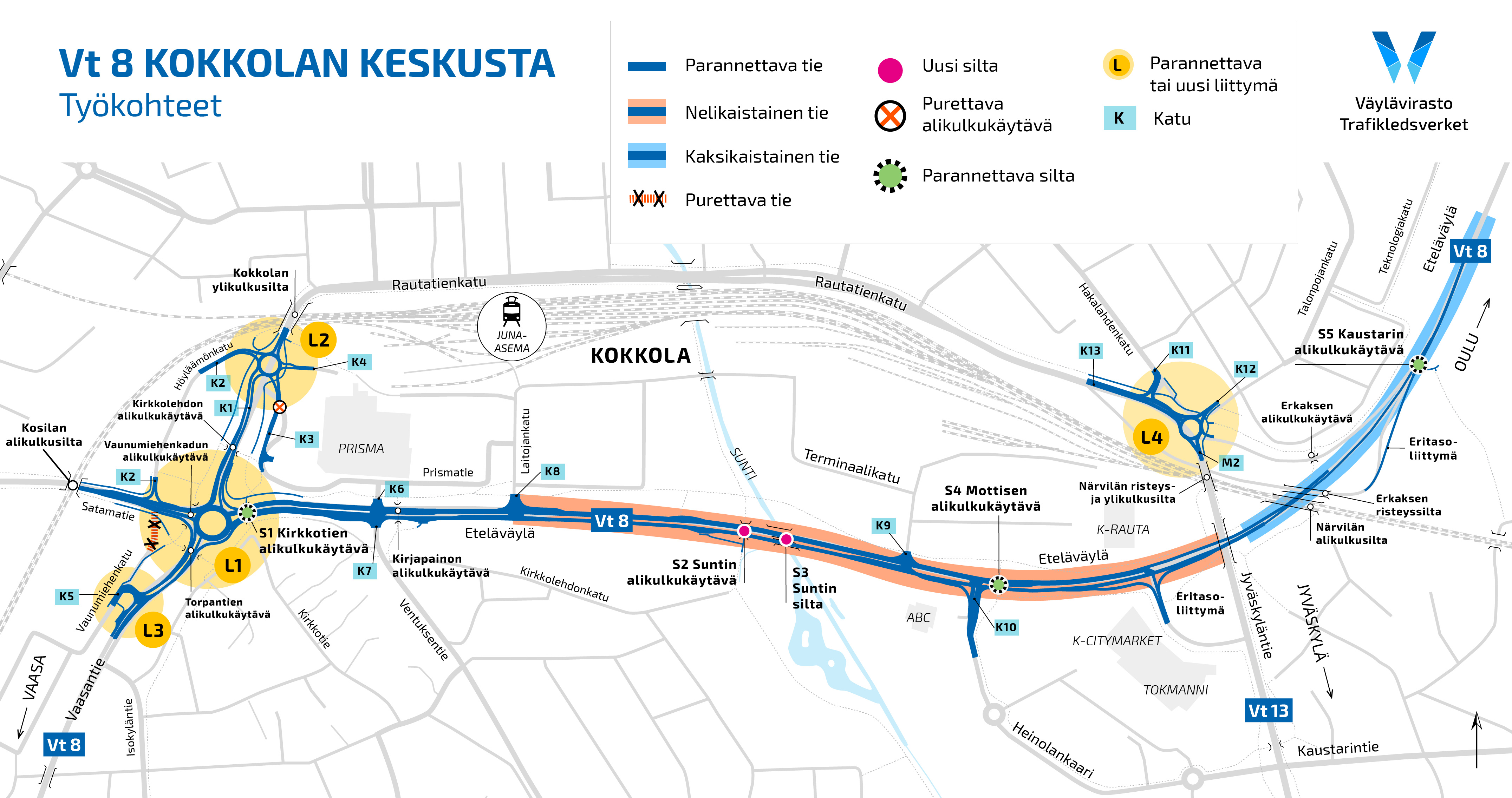 Kartta hankkeen työkohteista. Kohteet on avattu tekstissä. 