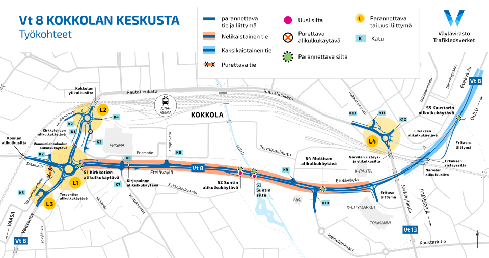 Kartta työkohteista Kokkolan keskustassa.