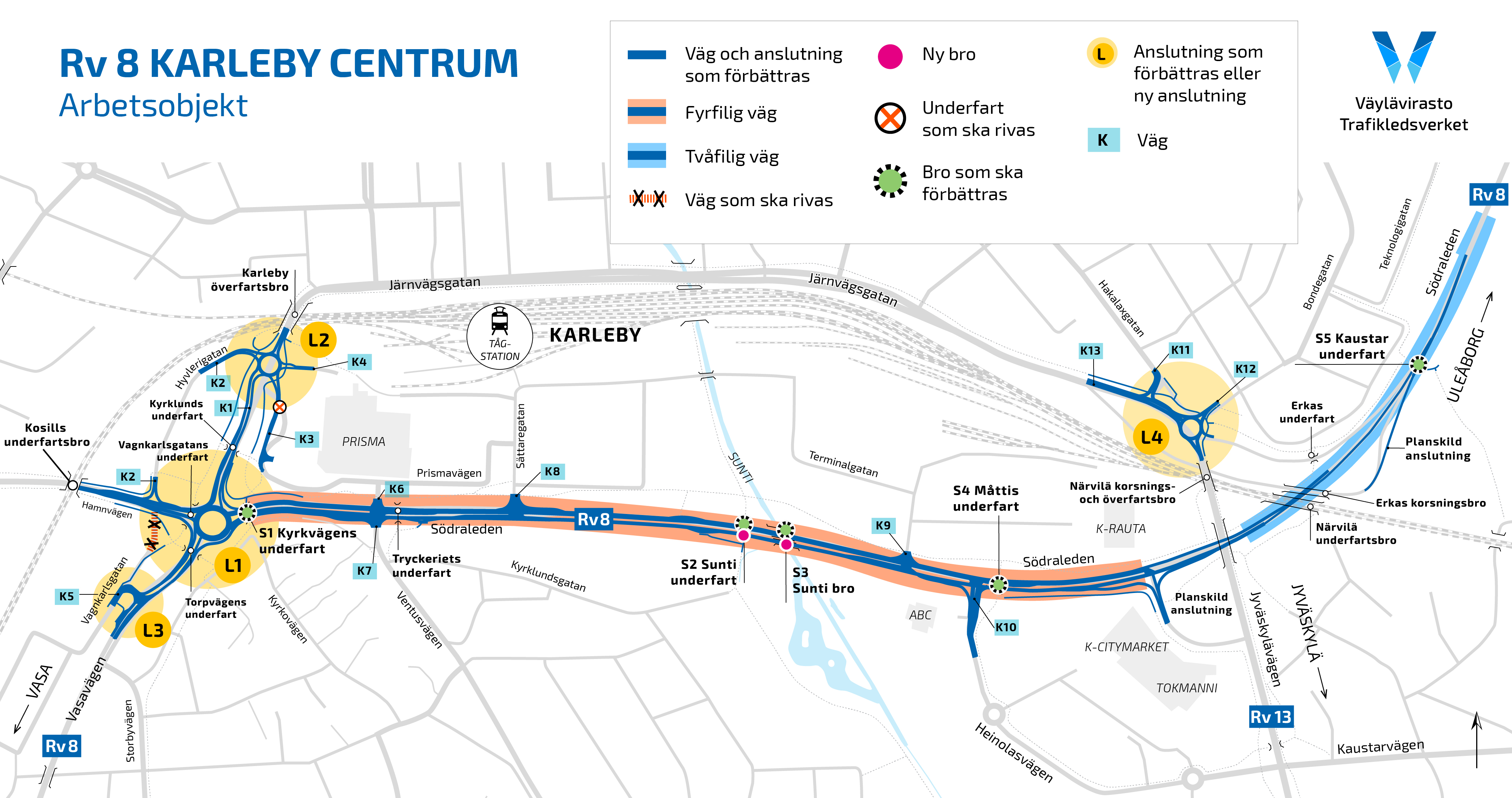 Karta över arbetsobjekt i Karleby centrum.